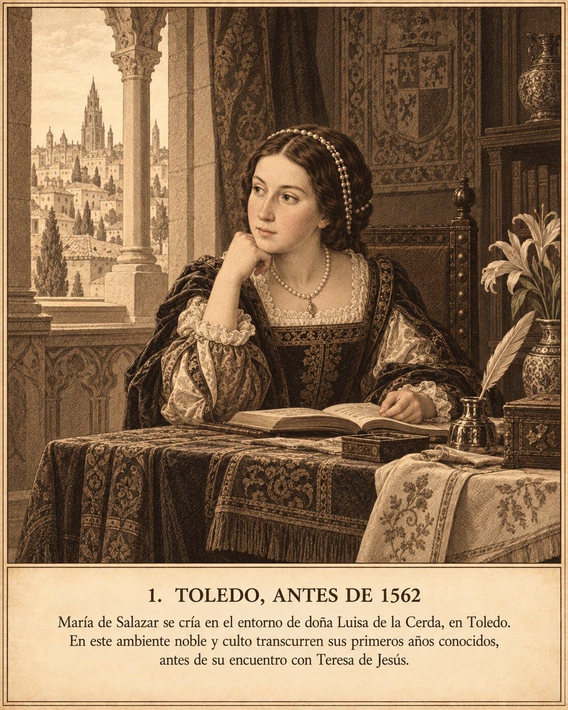 Lámina 1. Toledo, antes de 1562. María de Salazar se cría en el entorno de doña Luisa de la Cerda, en Toledo. En este ambiente noble y culto transcurren sus primeros años conocidos, antes de su encuentro con Teresa de Jesús.