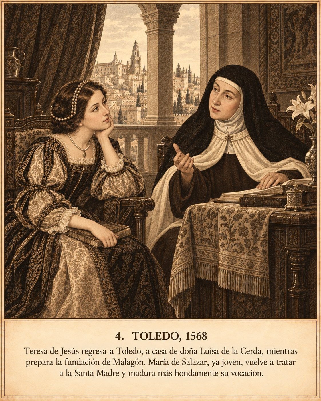 Lámina 4, Toledo, 1568. Teresa de Jesús regresa a Toledo, a casa de doña Luisa de la Cerda, mientras prepara la fundación de Malagón. María de Salazar, ya joven, vuelve a tratar a la Santa Madre y madura más hondamente su vocación.