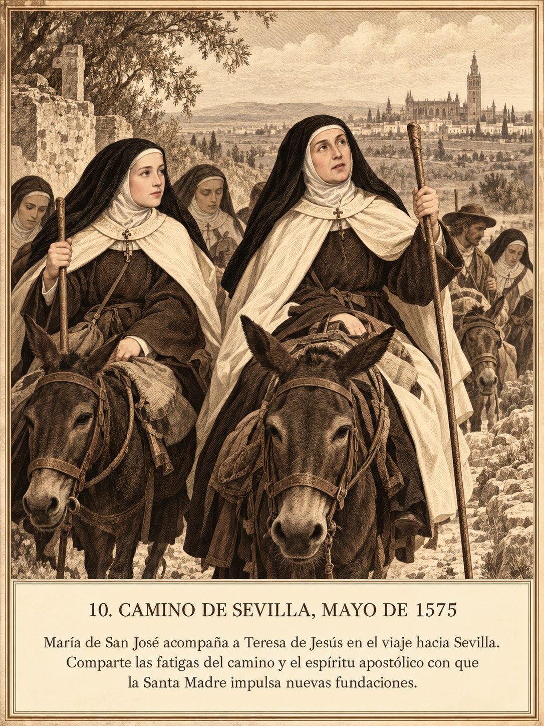 Lámina 10, Camino de Sevilla, mayo de 1575. María de San José acompaña a Teresa de Jesús en el viaje hacia Sevilla. Comparte las fatigas del camino y el espíritu apostólico con que la Santa Madre impulsa nuevas fundaciones.