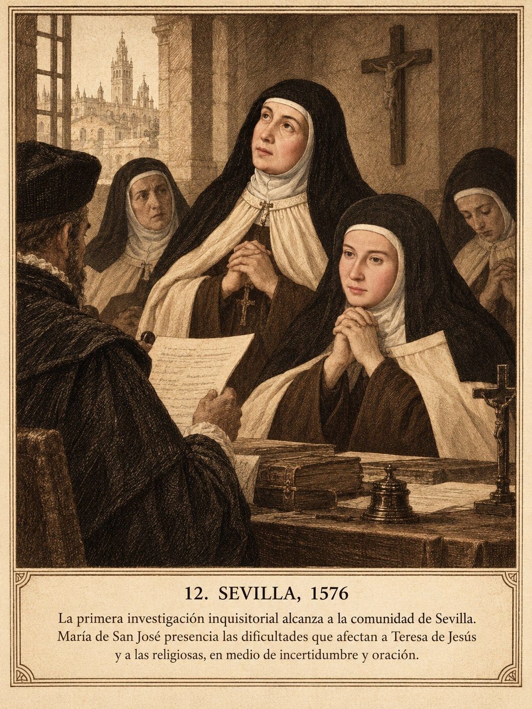 Lámina 12, Sevilla, 1576. La primera investigación inquisitorial alcanza a la comunidad de Sevilla. María de San José presencia las dificultades que afectan a Teresa de Jesús y a las religiosas, en medio de incertidumbre y oración.