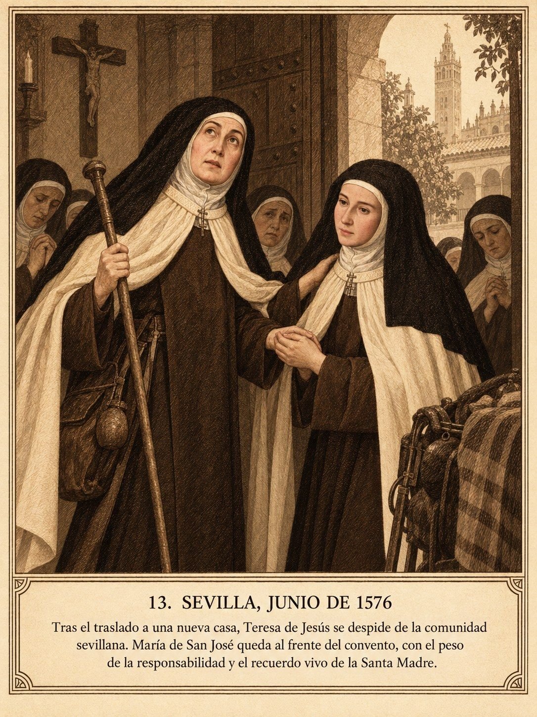Lámina 13, Sevilla, junio de 1576. Tras el traslado a una nueva casa, Teresa de Jesús se despide de la comunidad sevillana. María de San José queda al frente del convento, con el peso de la responsabilidad y el recuerdo vivo de la Santa Madre.