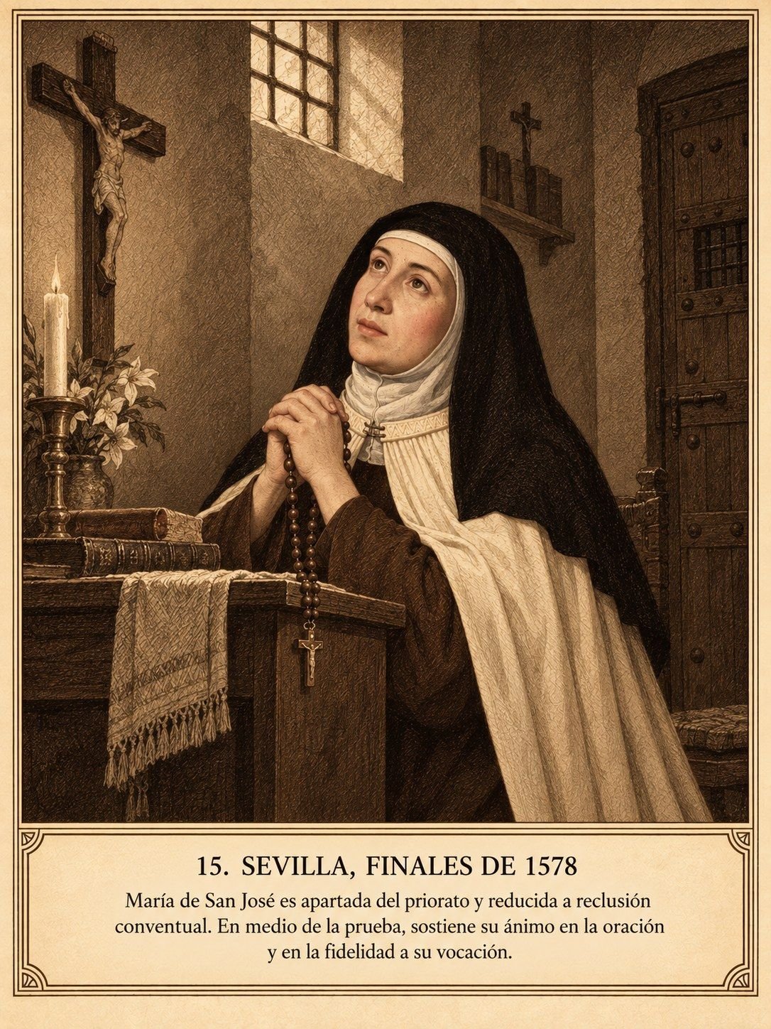 Lámina 15, Sevilla, finales de 1578. María de San José es apartada del priorato y reducida a reclusión conventual. En medio de la prueba, sostiene su ánimo en la oración y en la fidelidad a su vocación.
