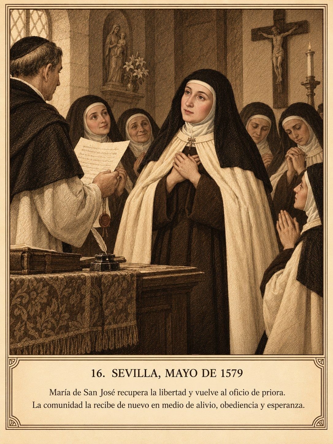 Lámina 16, Sevilla, mayo de 1579. María de San José recupera la libertad y vuelve al oficio de priora. La comunidad la recibe de nuevo en medio de alivio, obediencia y esperanza.