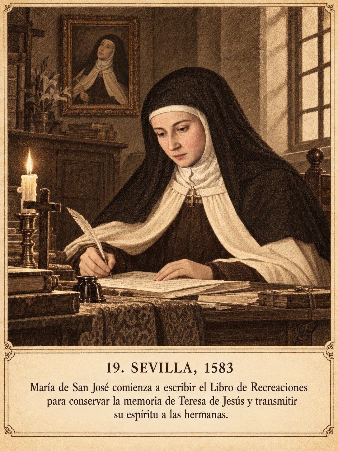 Lámina 19, Sevilla, 1583. María de San José comienza a escribir el Libro de recreaciones para conservar la memoria de Teresa de Jesús y transmitir su espíritu a las hermanas.