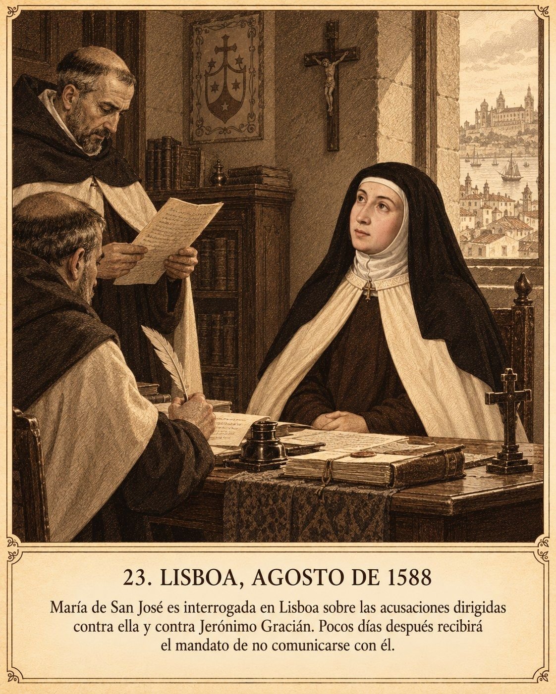 Lámina 23, Lisboa, agosto de 1588. María de San José es interrogada en Lisboa sobre las acusaciones dirigidas contra ella y contra Jerónimo Gracián. Pocos días después recibirá el mandato de no comunicarse con él.
