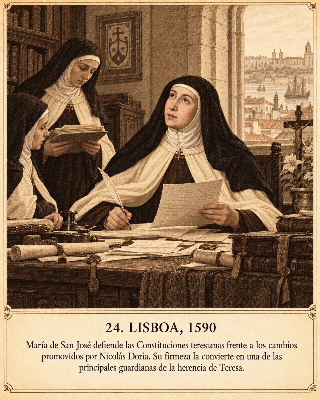 Lámina 24, Lisboa, 1590. María de San José defiende las Constituciones teresianas frente a los cambios promovidos por Nicolás Doria. Su firmeza la convierte en una de las principales guardianas de la herencia de Teresa.