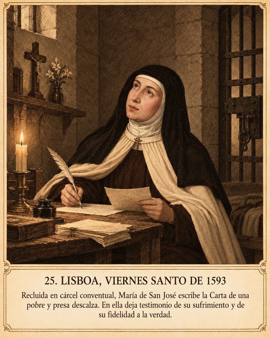 Lámina 25. Lisboa, Viernes Santo de 1593. Recluida en cárcel conventual, María de San José escribe la Carta de una pobre y presa descalza. En ella deja testimonio de su sufrimiento y de su fidelidad a la verdad.