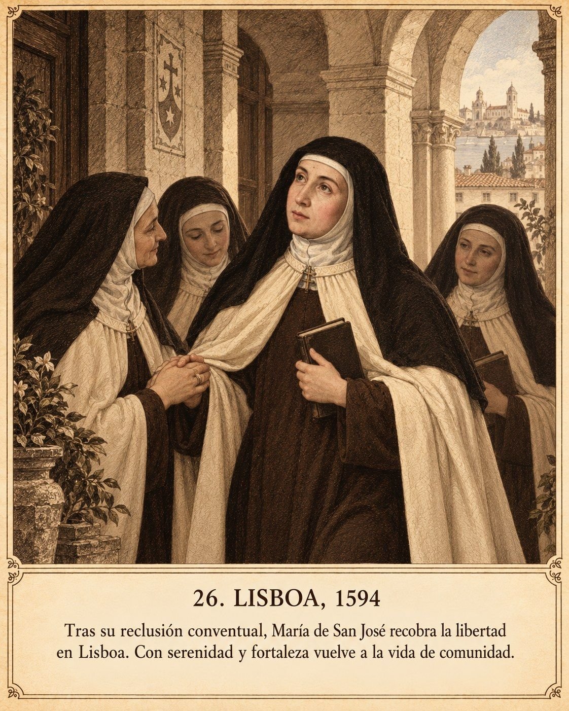 Lámina 26, Lisboa, 1594. Tras su reclusión conventual, María de San José recobra la libertad en Lisboa. Con serenidad y fortaleza vuelve a la vida de comunidad.