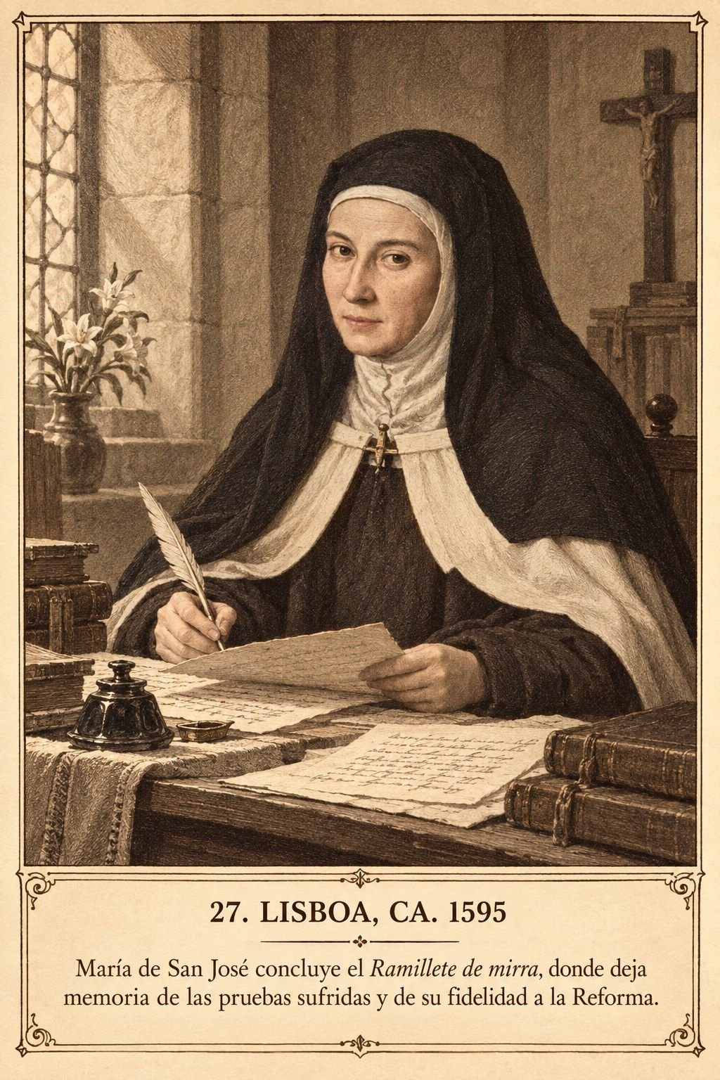 Lámina 27, Lisboa, hacia 1595. María de San José concluye el Ramillete de mirra, donde deja memoria de las pruebas sufridas y de su fidelidad a la Reforma.