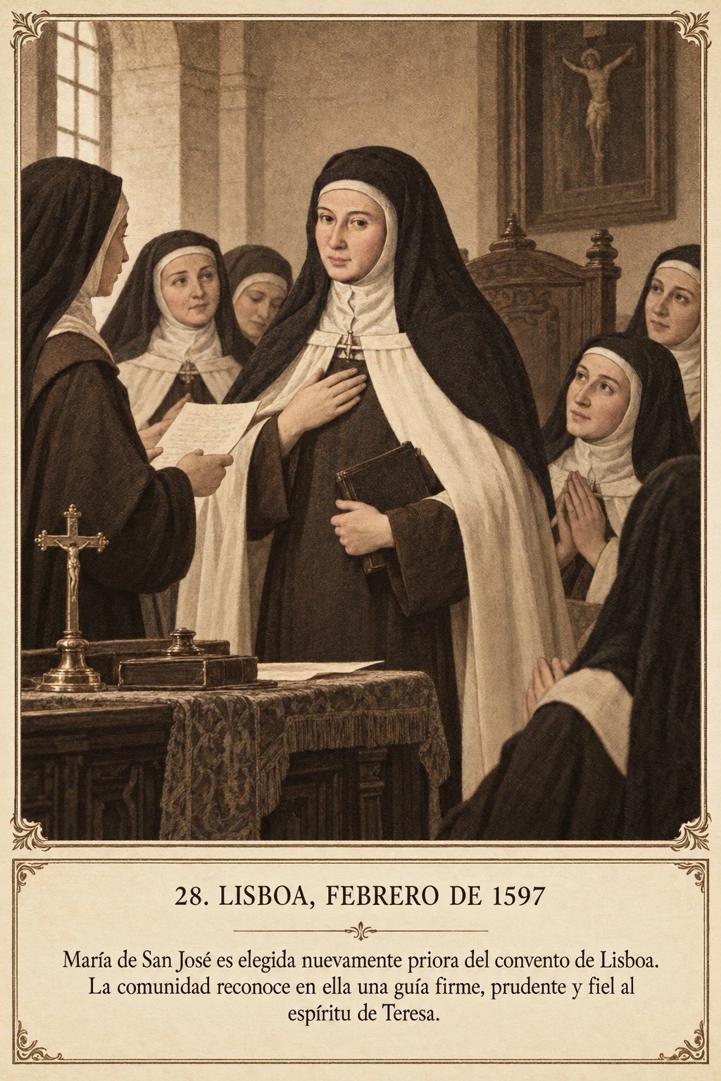 Lámina 28, Lisboa, febrero de 1597. María de San José es elegida nuevamente priora del convento de Lisboa. La comunidad reconoce en ella una guía firme, prudente y fiel al espíritu de Teresa.
