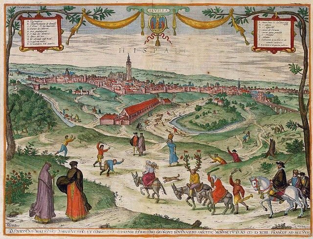 Grabado antiguo con una vista panorámica de Sevilla y su campiña
