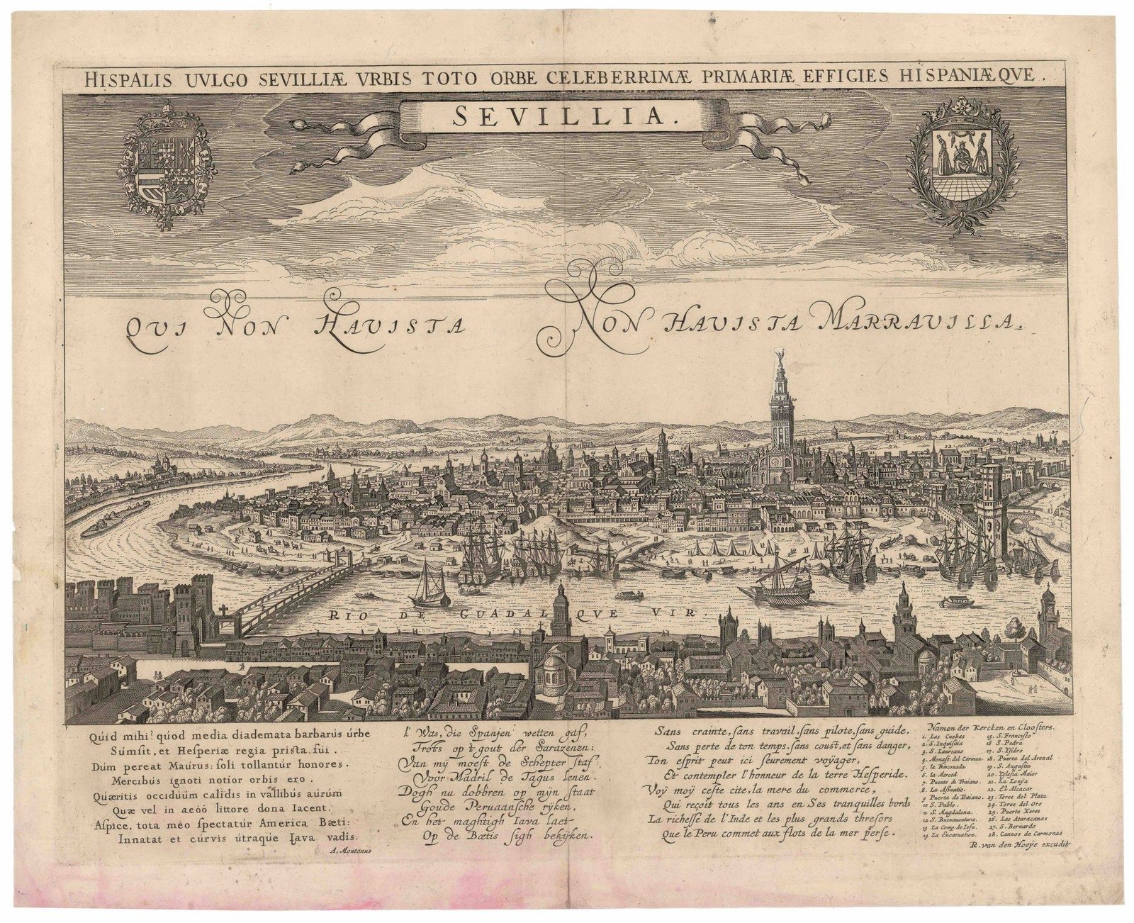 Grabado antiguo con una vista panorámica de Sevilla y el río Guadalquivir