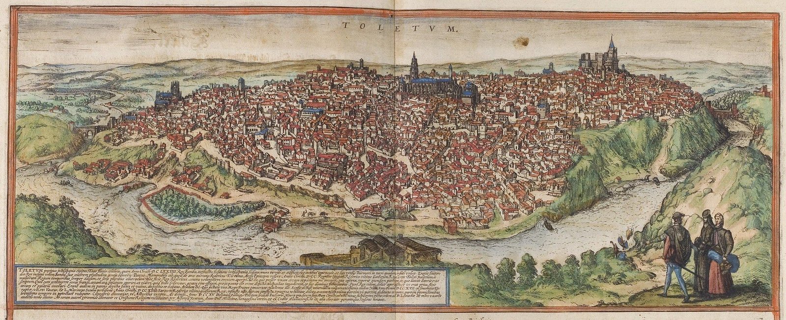 Grabado antiguo con una vista de Toledo sobre el río Tajo